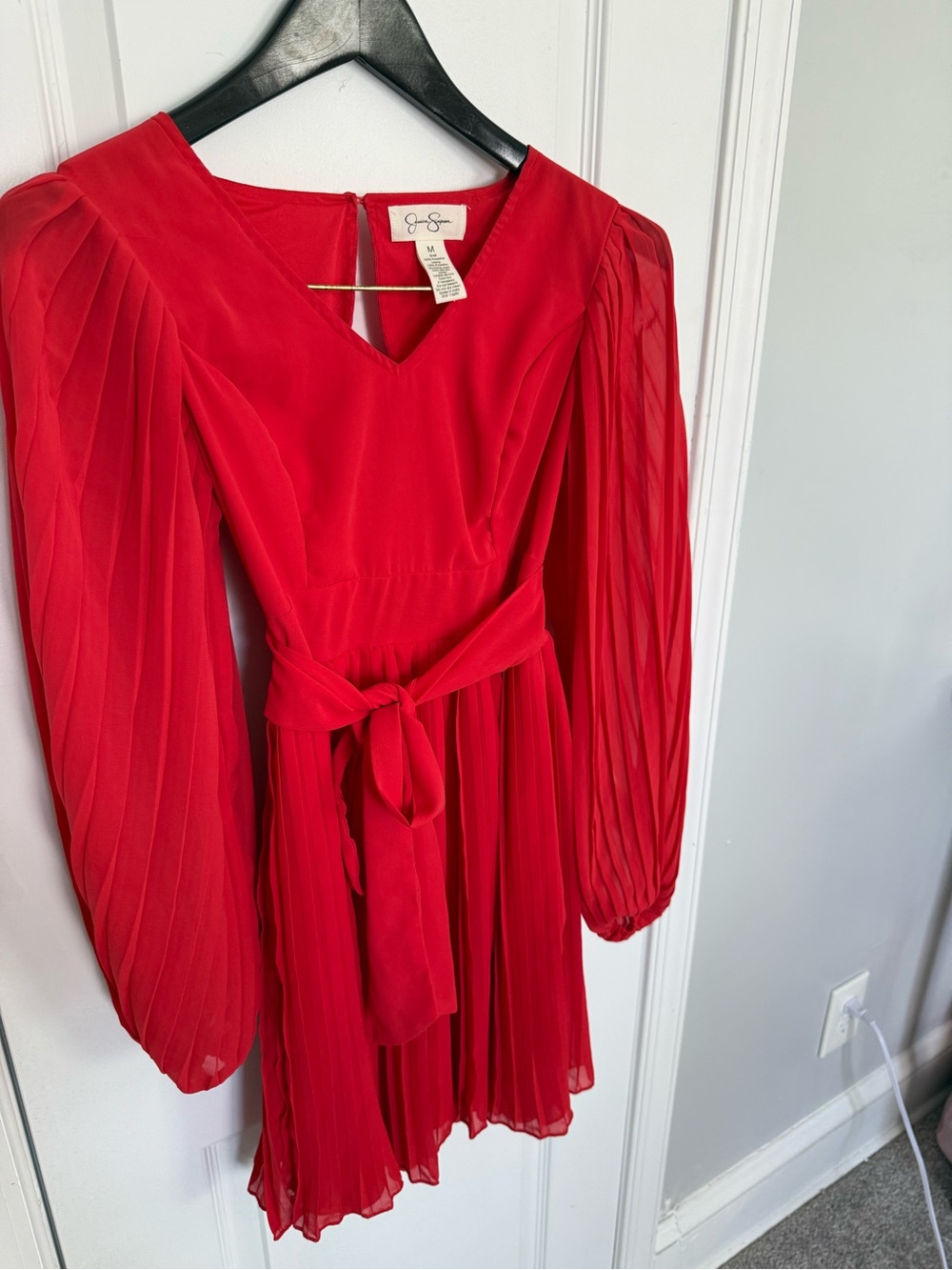 Jessica Simpson Reddish Coral Pleated Long-Sleeve Tie-Waist Mini Dress